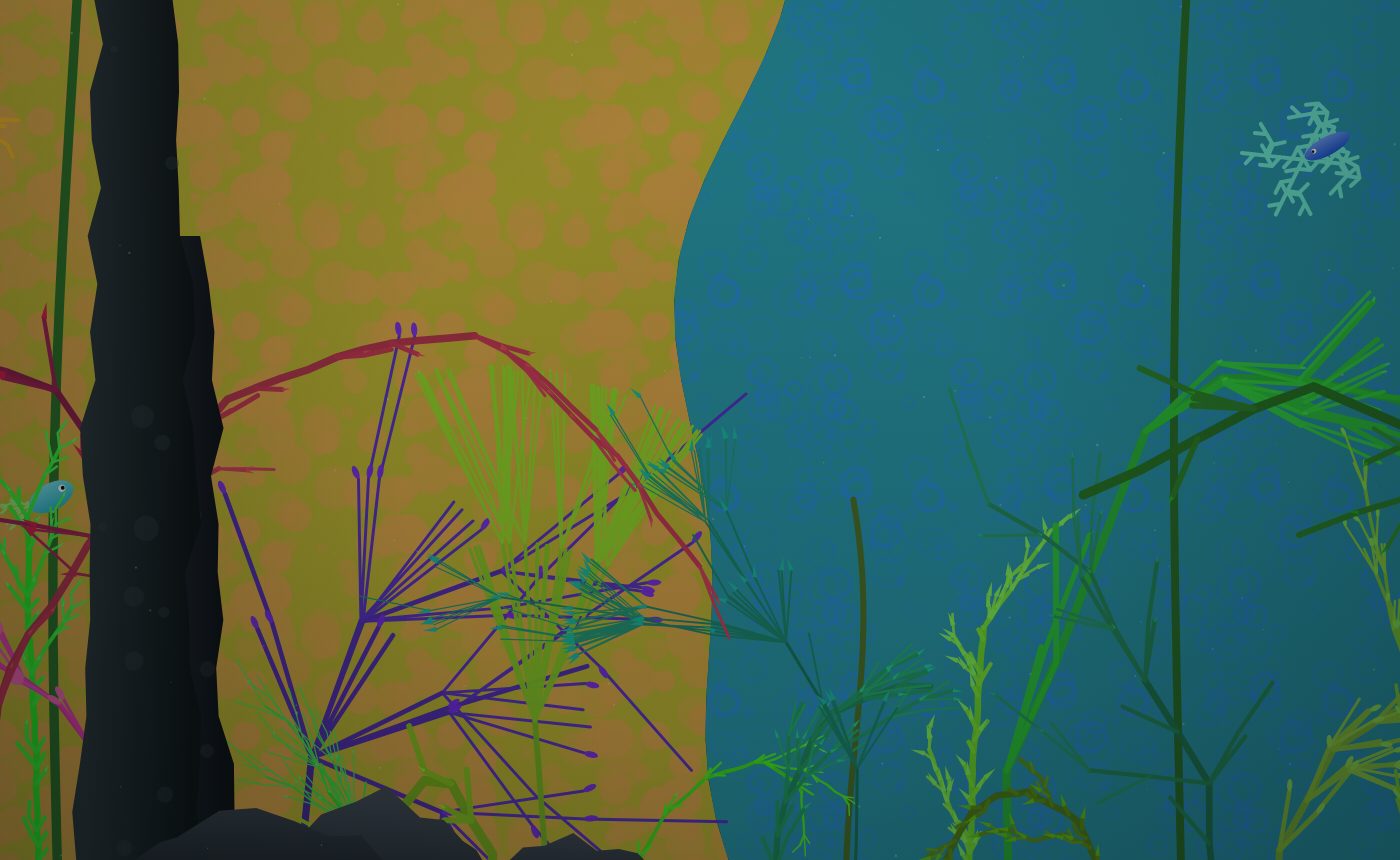 Close view: a hazy green fractal backdrop with faint distant plants, a dark rock spire, bright foreground plants, and a few fish.