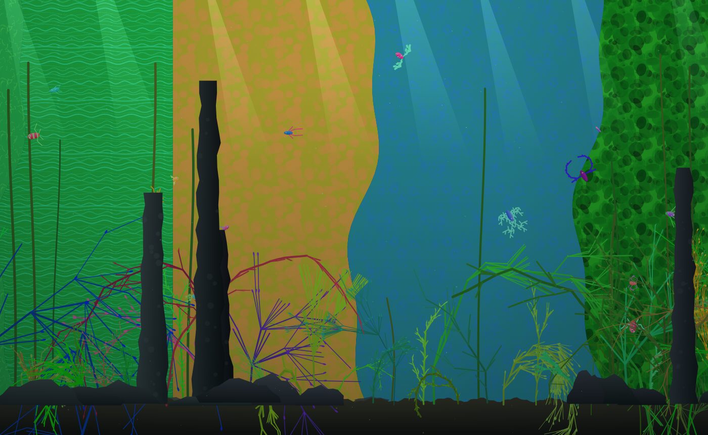A wide view of the tank: a soft, swirling fractal backdrop, dark rock spires, a hazy row of distant plants, and bright evolved plants and fish in front.