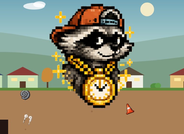 Digger!! title art: the raccoon over the city